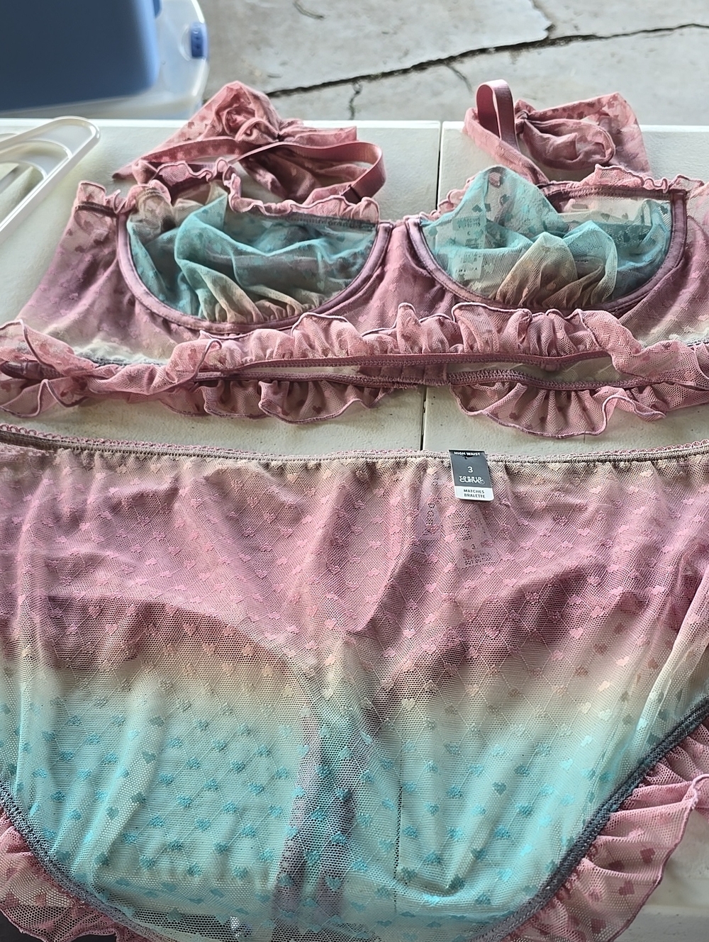 Tottid Curve Sheer Ombre Ruffle Bralette & Brief Set - Pink to Blue